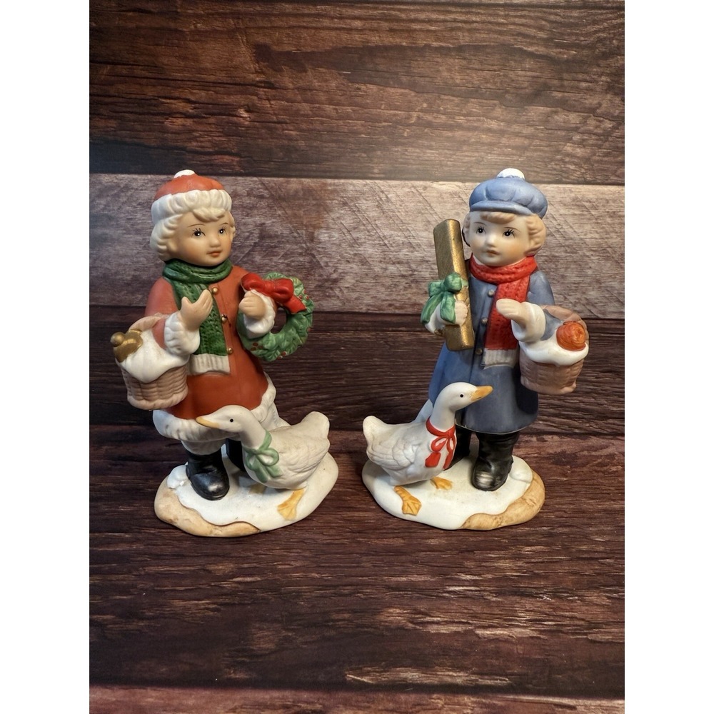 Christmas SISTERS Figurines with Present and Wreath And Geese - 2 Vtg Homeco